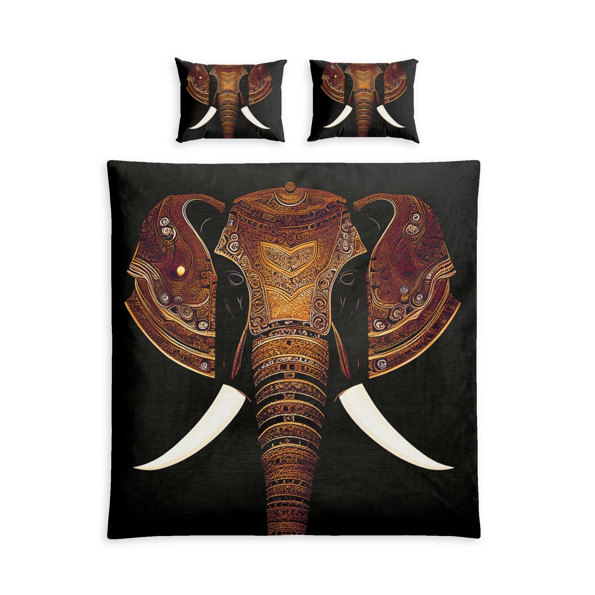 A bedding set featuring a large decorative elephant head print on the duvet cover and matching pillowcases, shown against a plain white background.