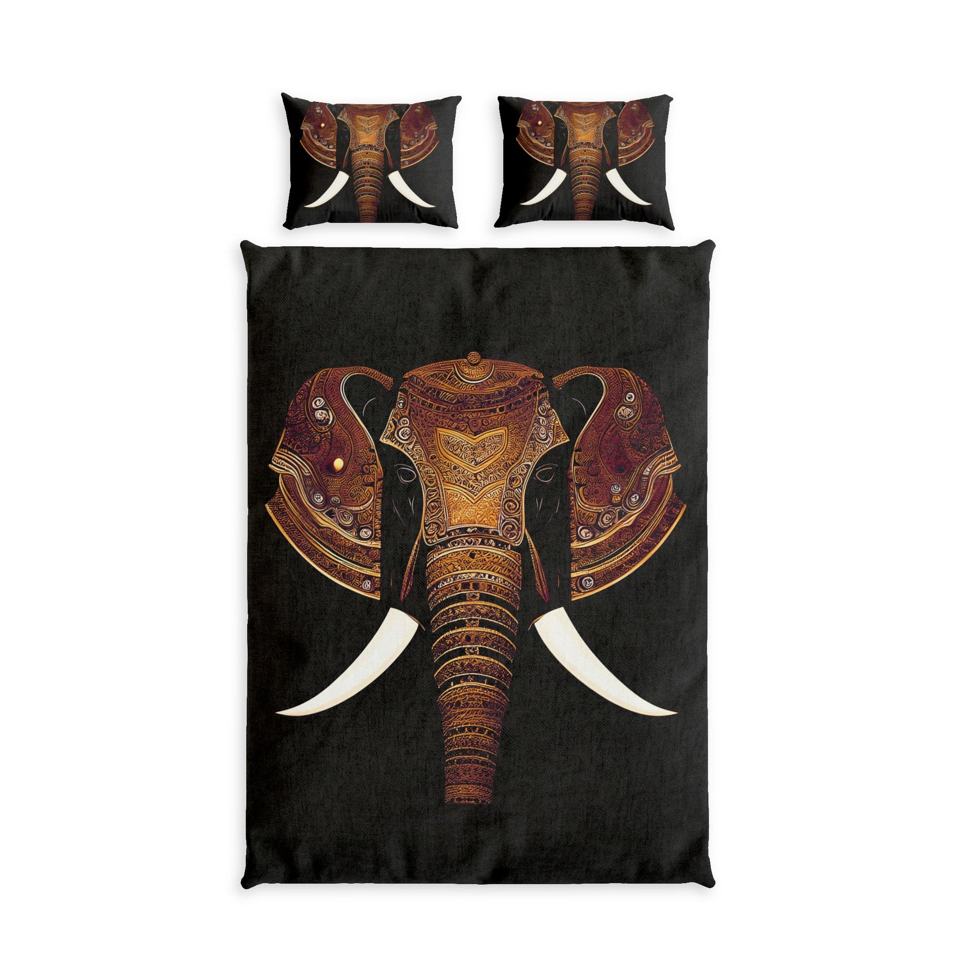 A bedding set featuring a duvet cover and two pillowcases with a large, ornate golden-brown elephant head design on a black background, shown against a plain white studio background.