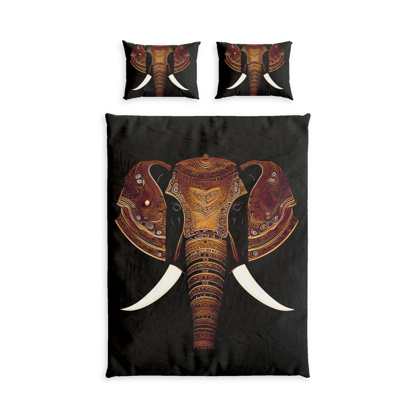 A bedding set featuring a large decorative elephant head print on a black duvet cover and two matching pillowcases, shown on a plain white background.