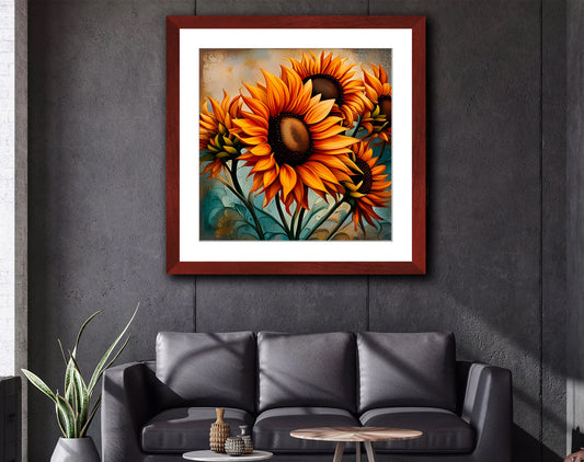 Sunflowers crop Print on Archival Paper in Cherry Color Wood Frame 3 sizes available