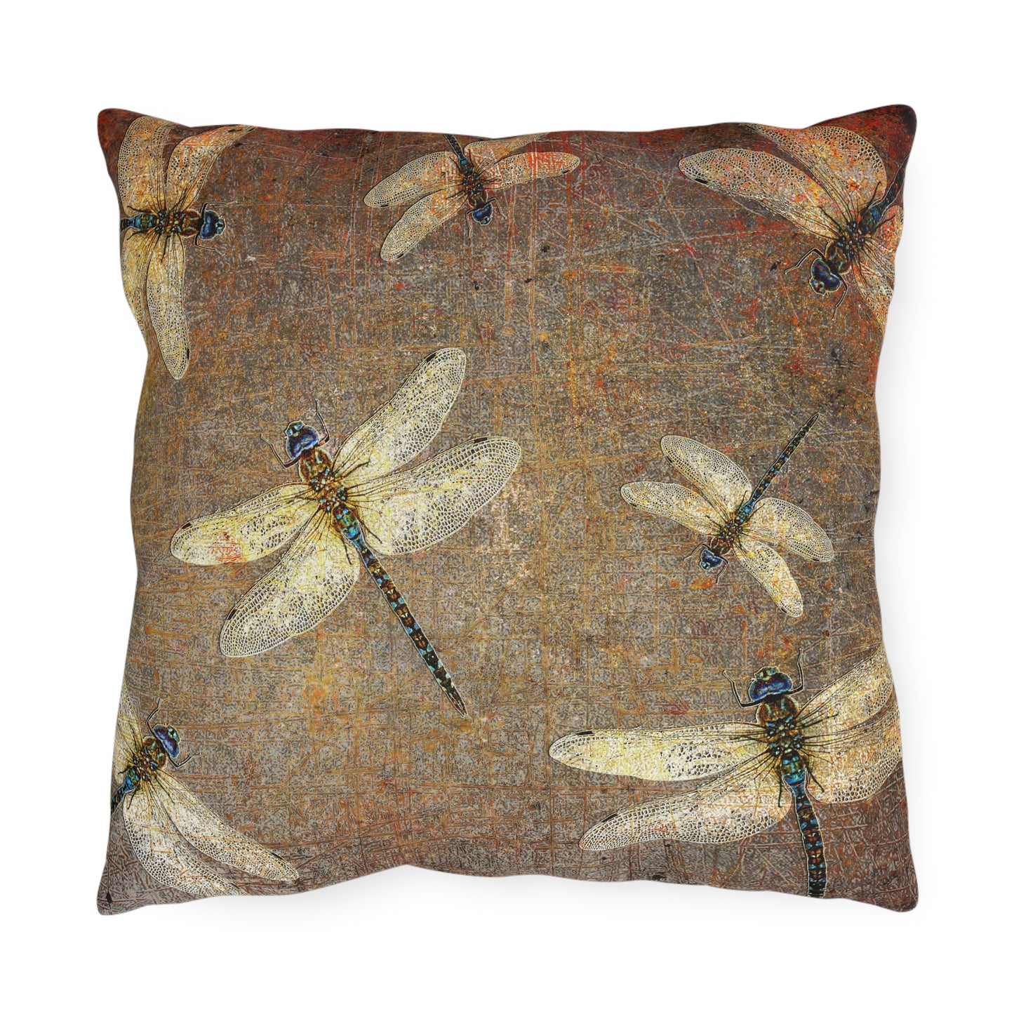 Flight of Silver Dragonflies on Distressed Background  Square Outdoor Pillow