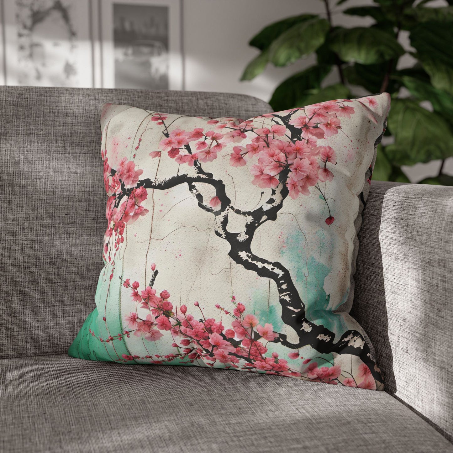 Floral Print Throw Pillows, Double Sided Pink Cherry Blossoms Square Pillow front