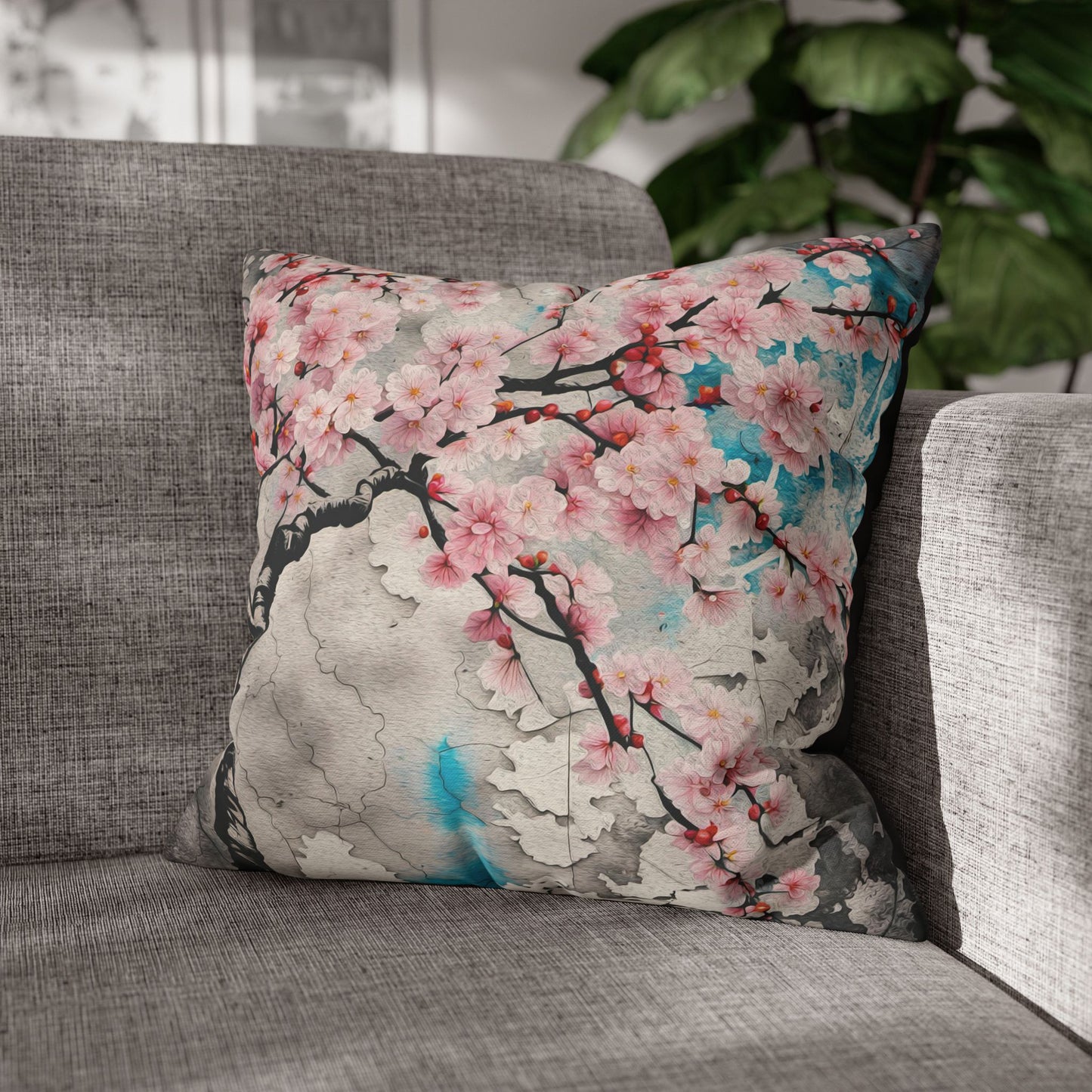 Floral Print Throw Pillows, Double Sided Pink Cherry Blossoms Square Pillow back