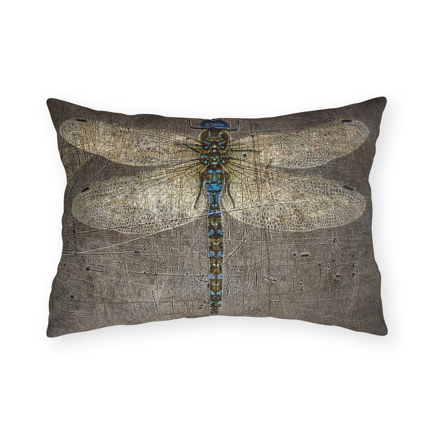 Double Sided Dragonfly on Distressed Grey Stone Print Rectangular Outdoor Pillow front