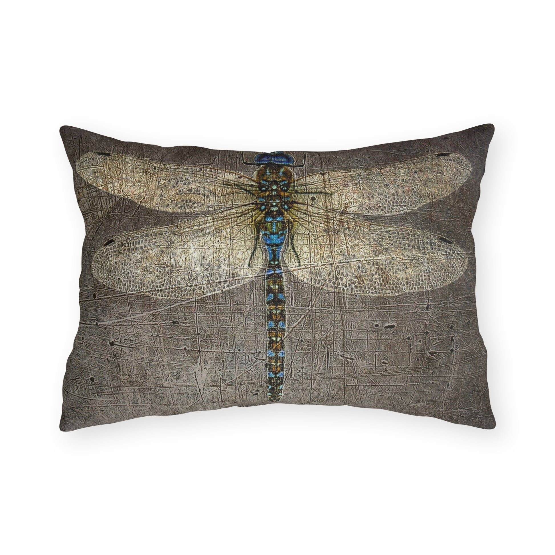 Double Sided Dragonfly on Distressed Grey Stone Print Rectangular Outdoor Pillow front