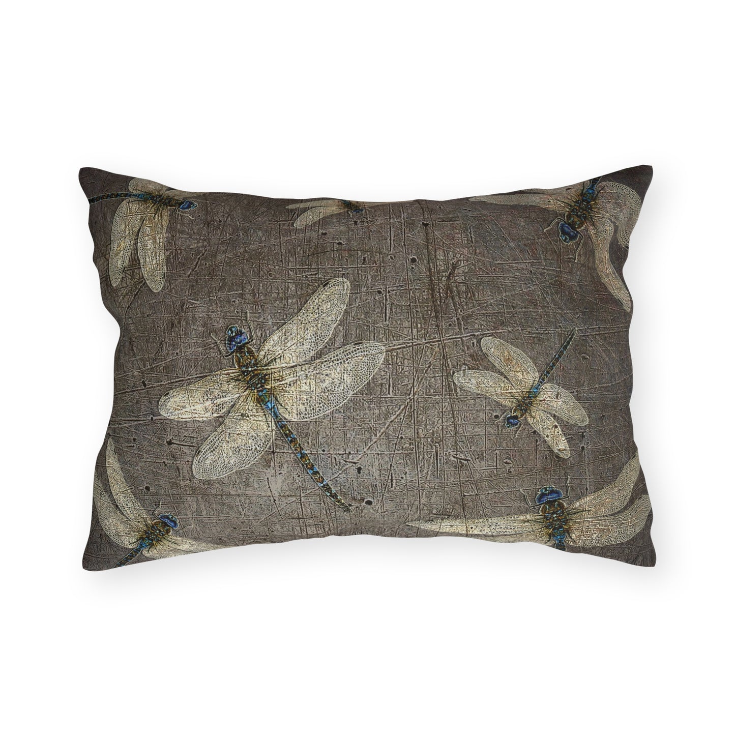 Double Sided Dragonfly on Distressed Grey Stone Print Rectangular Outdoor Pillow front back