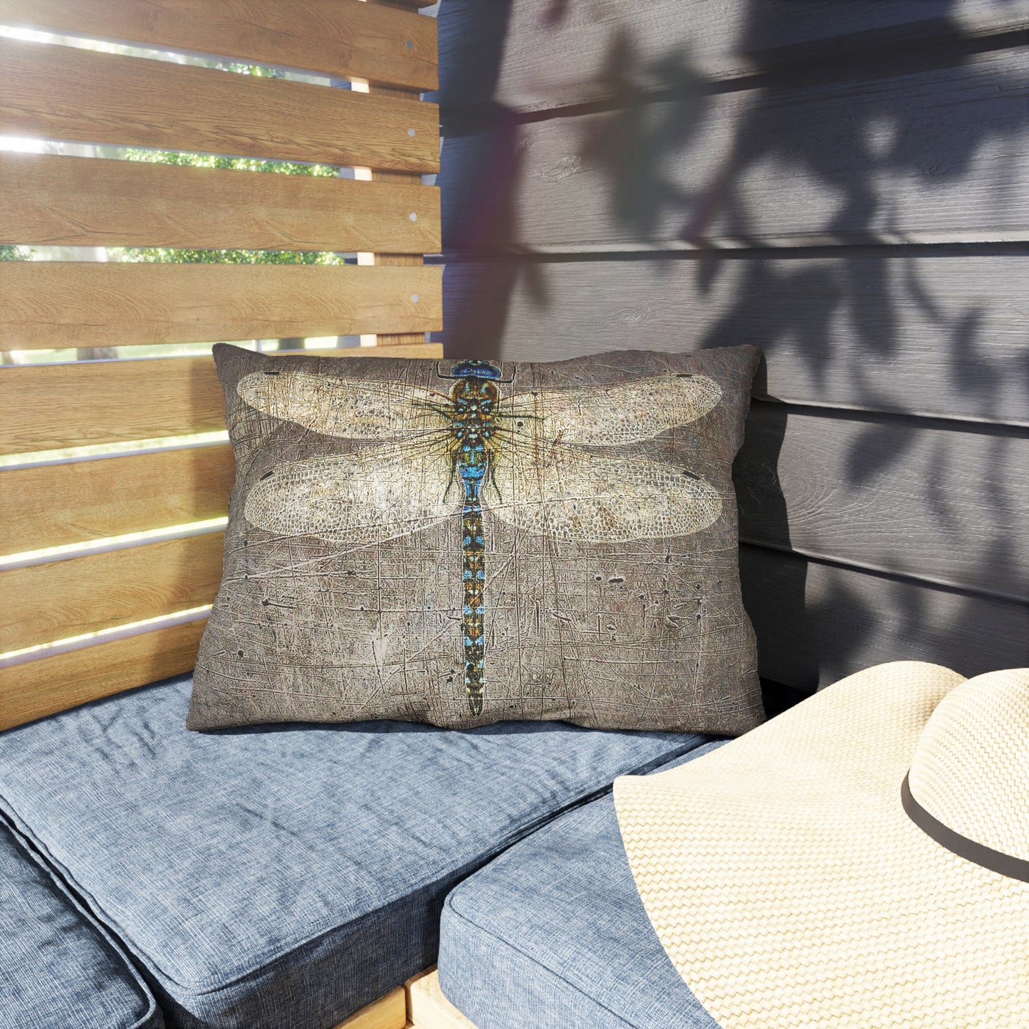 Double Sided Dragonfly on Distressed Grey Stone Print Rectangular Outdoor Pillow on patio