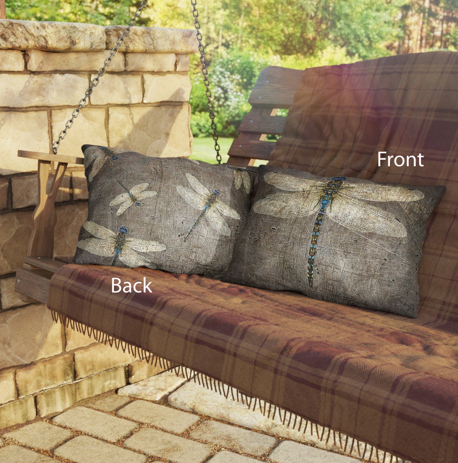 Double Sided Dragonfly on Distressed Grey Stone Print Rectangular Outdoor Pillow on swing