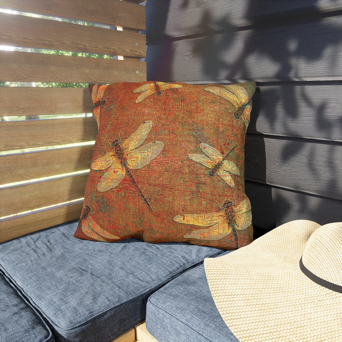 Decorative pillow with dragonfly pattern on a cushioned bench outdoors.
