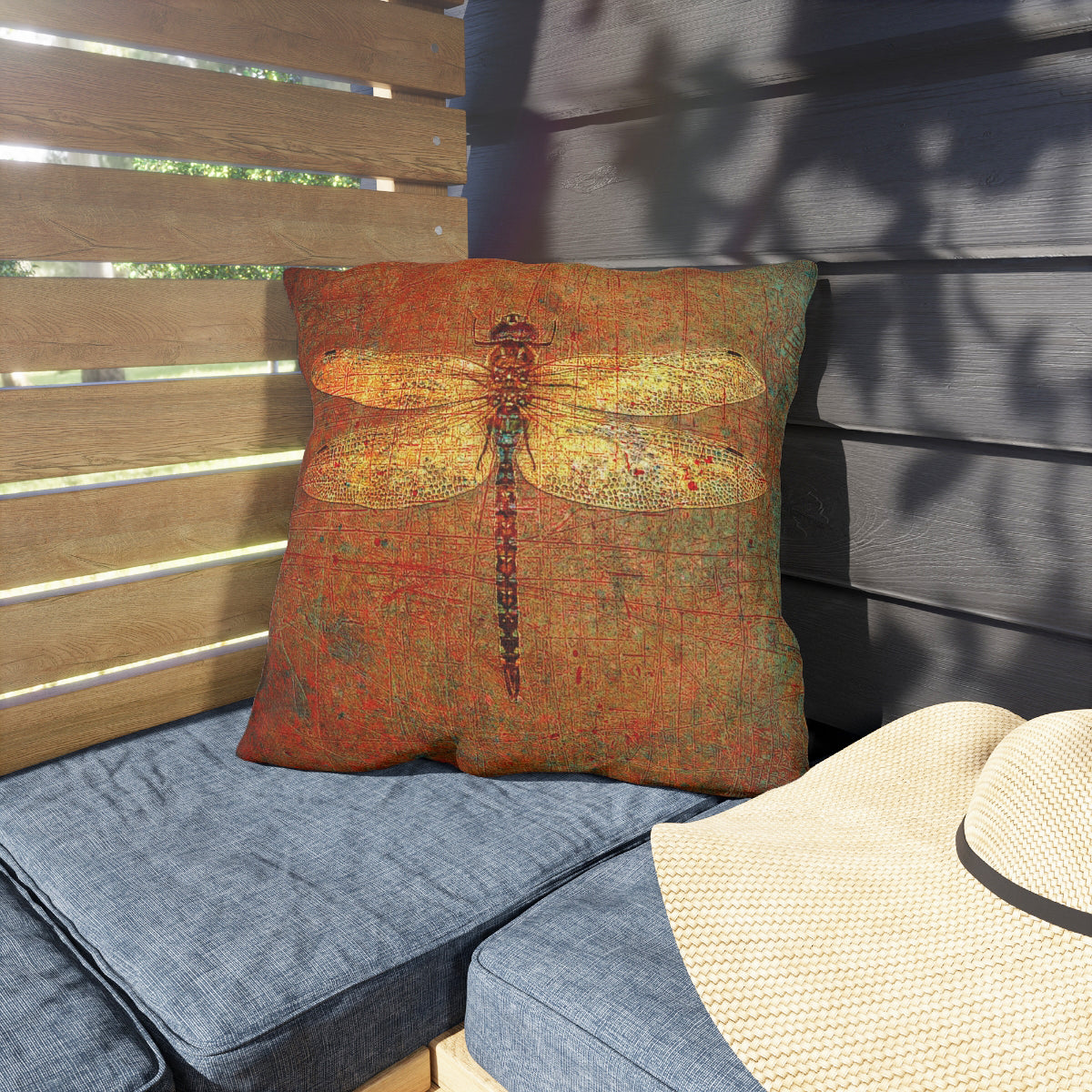 Decorative pillow with a dragonfly design on a outdoor furniture set.