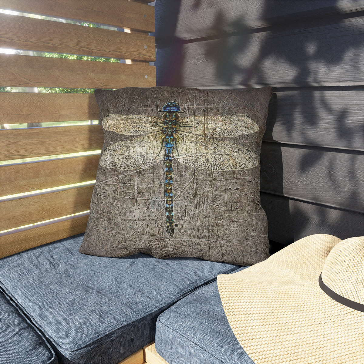 Decorative pillow with a dragonfly design on a cushioned outdoor bench.