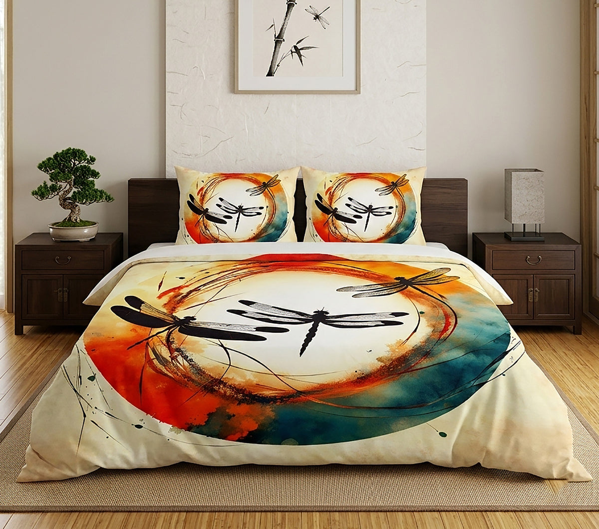 A bedding set displayed on a bed in a styled bedroom, featuring a duvet cover and two pillowcases with a watercolor-style dragonfly design in orange, teal, black, and cream.