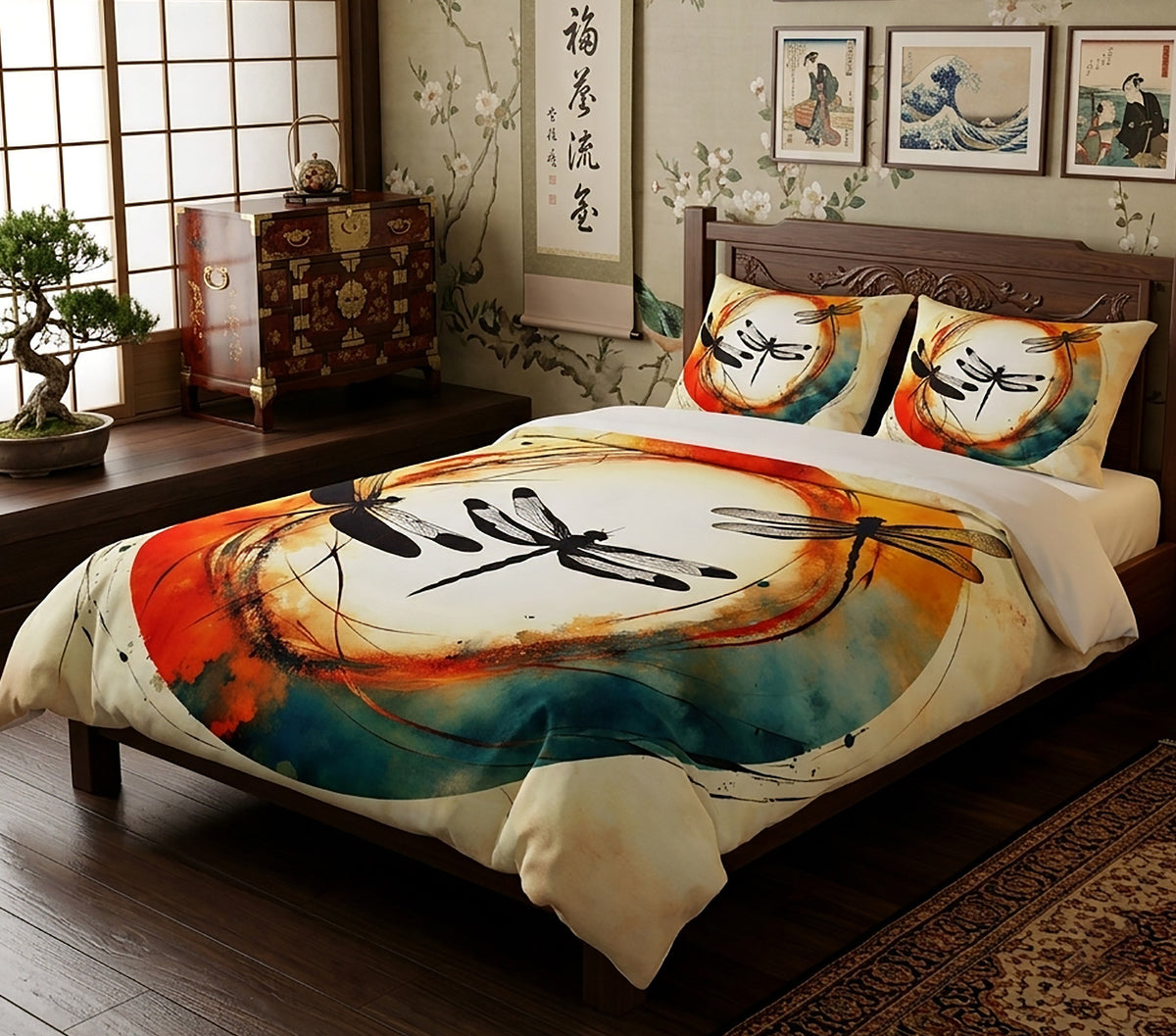 A Japanese-style bedding set with a duvet cover and two pillowcases featuring a watercolor dragonfly design in orange, teal, black, and cream, displayed on a dark wood bed in a traditional room.