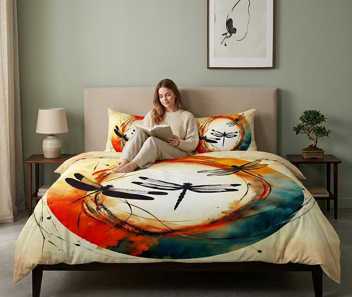 A woman sits on a bed reading a book in a styled bedroom. The bed is made with a duvet cover and two matching pillowcases featuring a large abstract dragonfly design in orange, teal, black, and cream tones.
