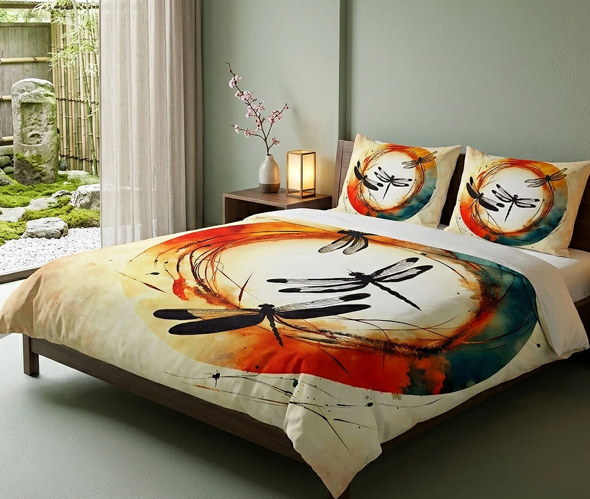 A bed dressed in a printed duvet cover and two matching pillowcases, styled in a bedroom with a window, curtain, nightstand, lamp, and a visible garden outside. The bedding features a large circular abstract design with dragonfly motifs in black, orange, red, blue, and cream.
