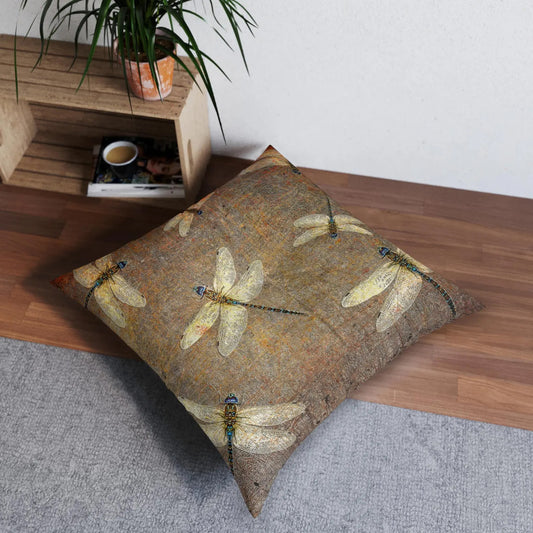 Dragonflies on Distressed Stone Background Print on Large Square Tufted Floor Pillow on floor