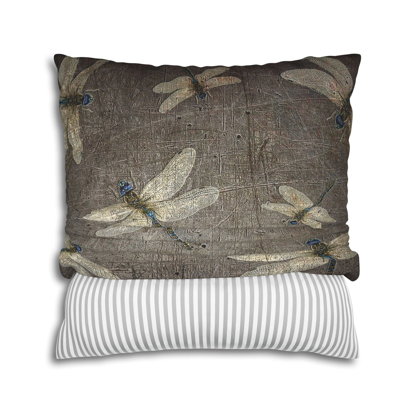 Dragonfly Themed Square Pillow Cover, Dragonflies on Distressed Stone Grey Print back