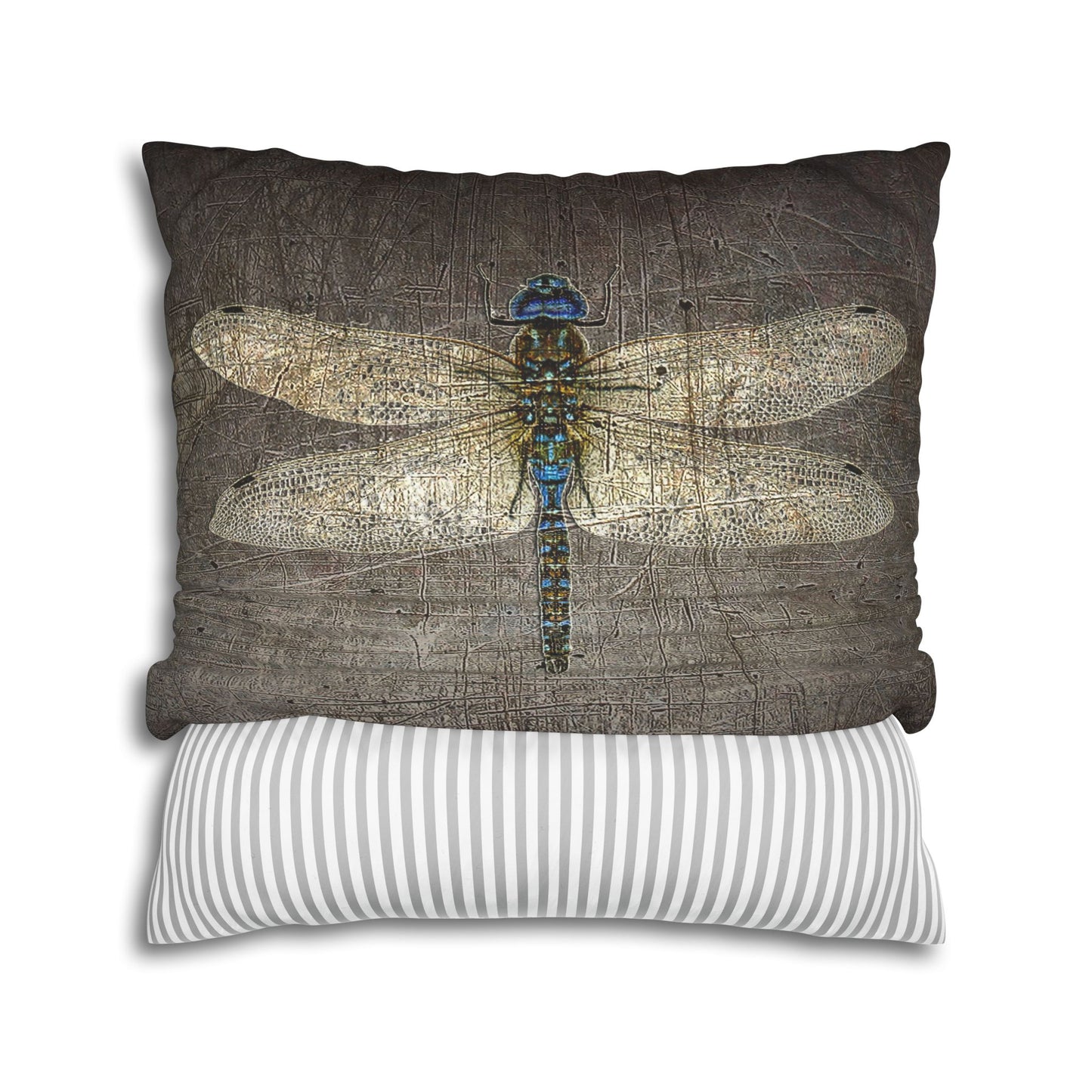 Dragonfly Themed Square Pillow Cover, Dragonflies on Distressed Stone Grey Print front