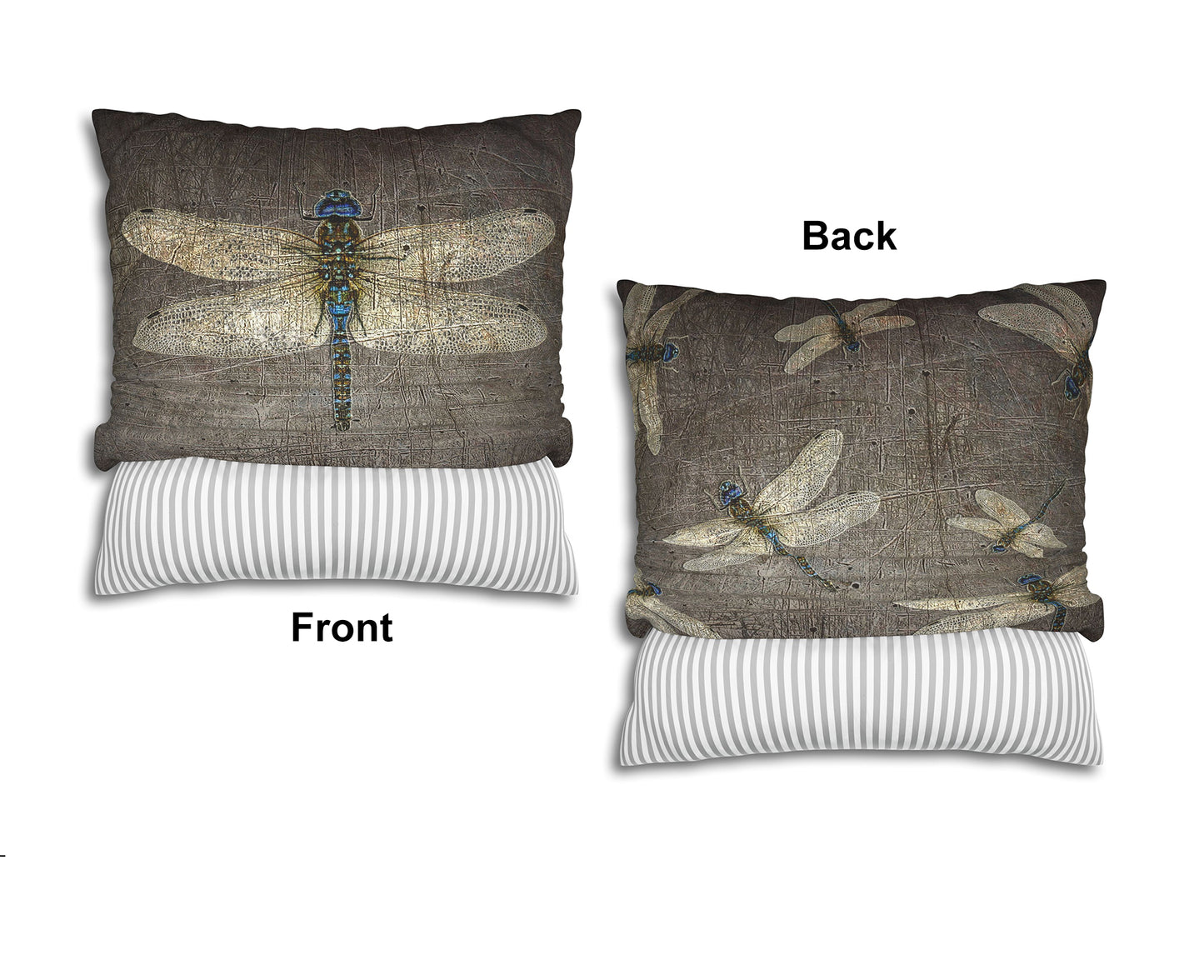 Dragonfly Themed Square Pillow Cover, Dragonflies on Distressed Stone Grey Print front an back