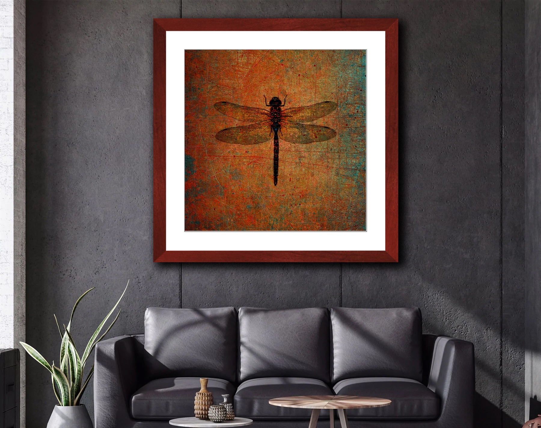 Dragonfly on Distressed Brown Background Framed in a Square Cherry Color Wood Frame hung