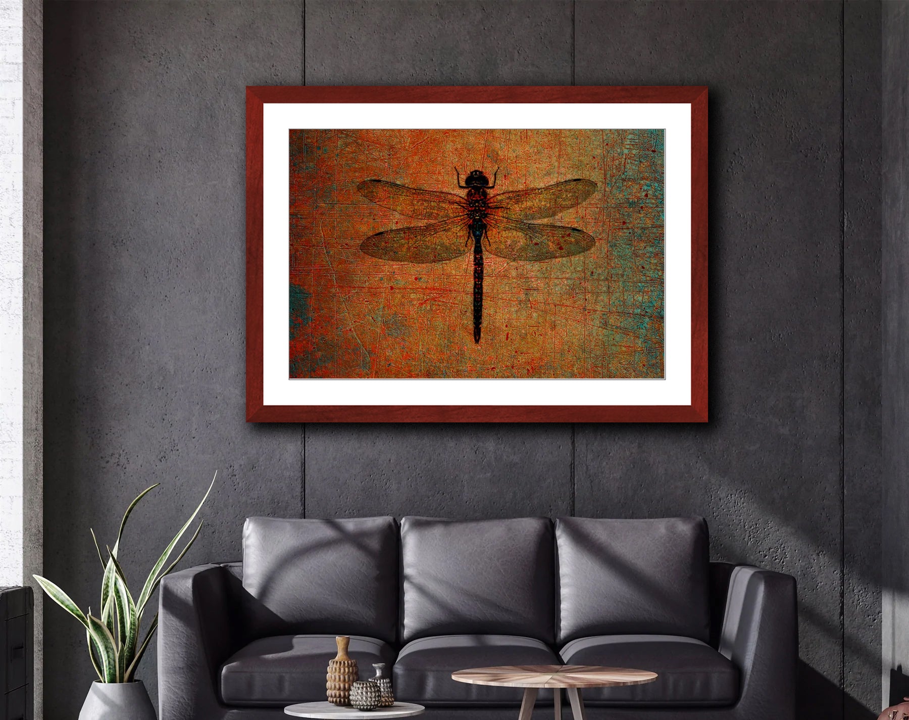 Dragonfly on Distressed Brown Background Framed in a Rectangle Cherry Color Wood Frame 3 sizes available
