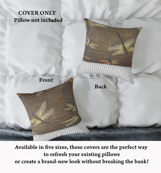 Dragonfly Themed Square Pillow Cover, Flight of Dragonflies on Distressed Background Print front and back on bed