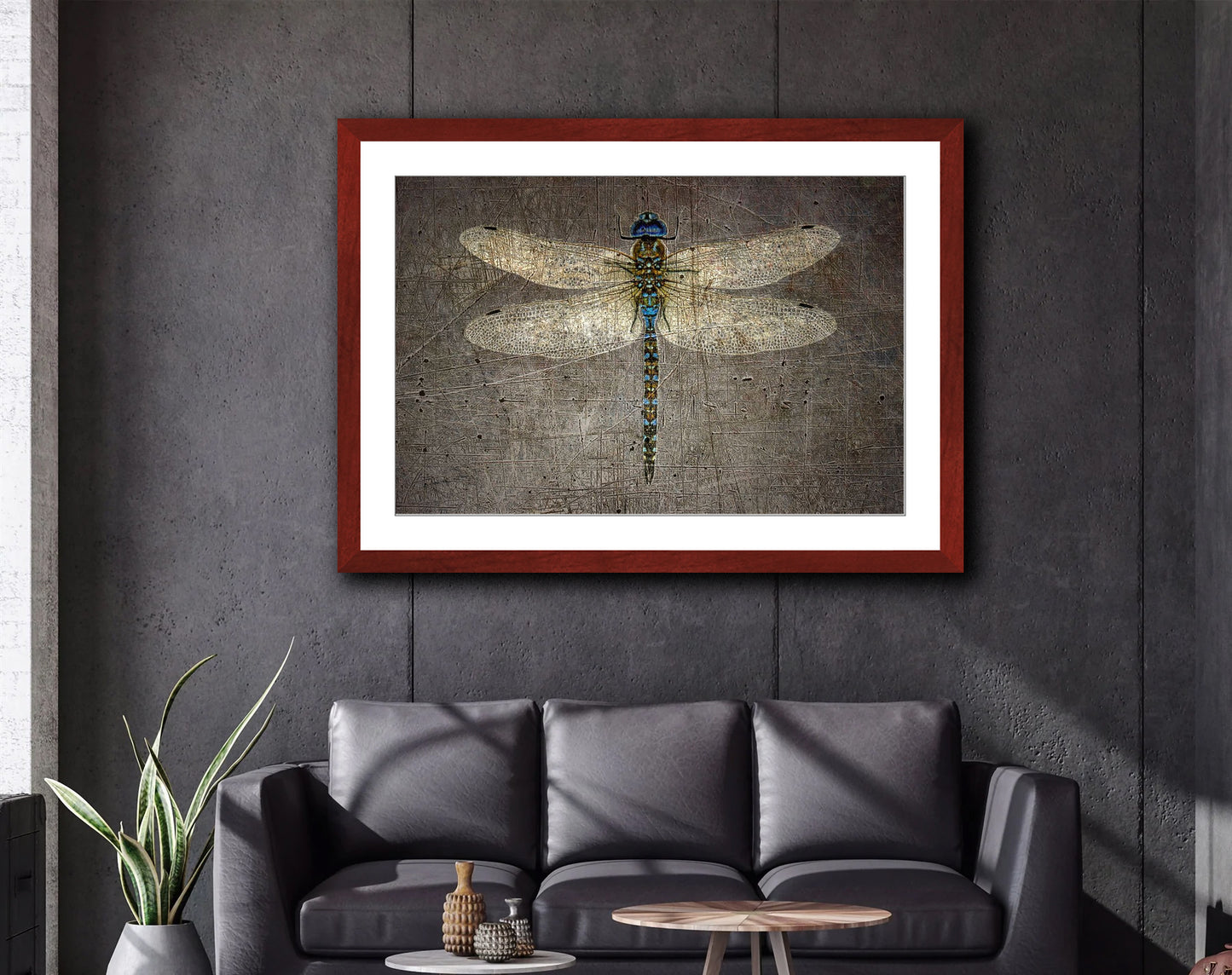 Dragonfly on gray Stone Background Framed in a Rectangle Cherry Color Wood Frame 3 sizes available