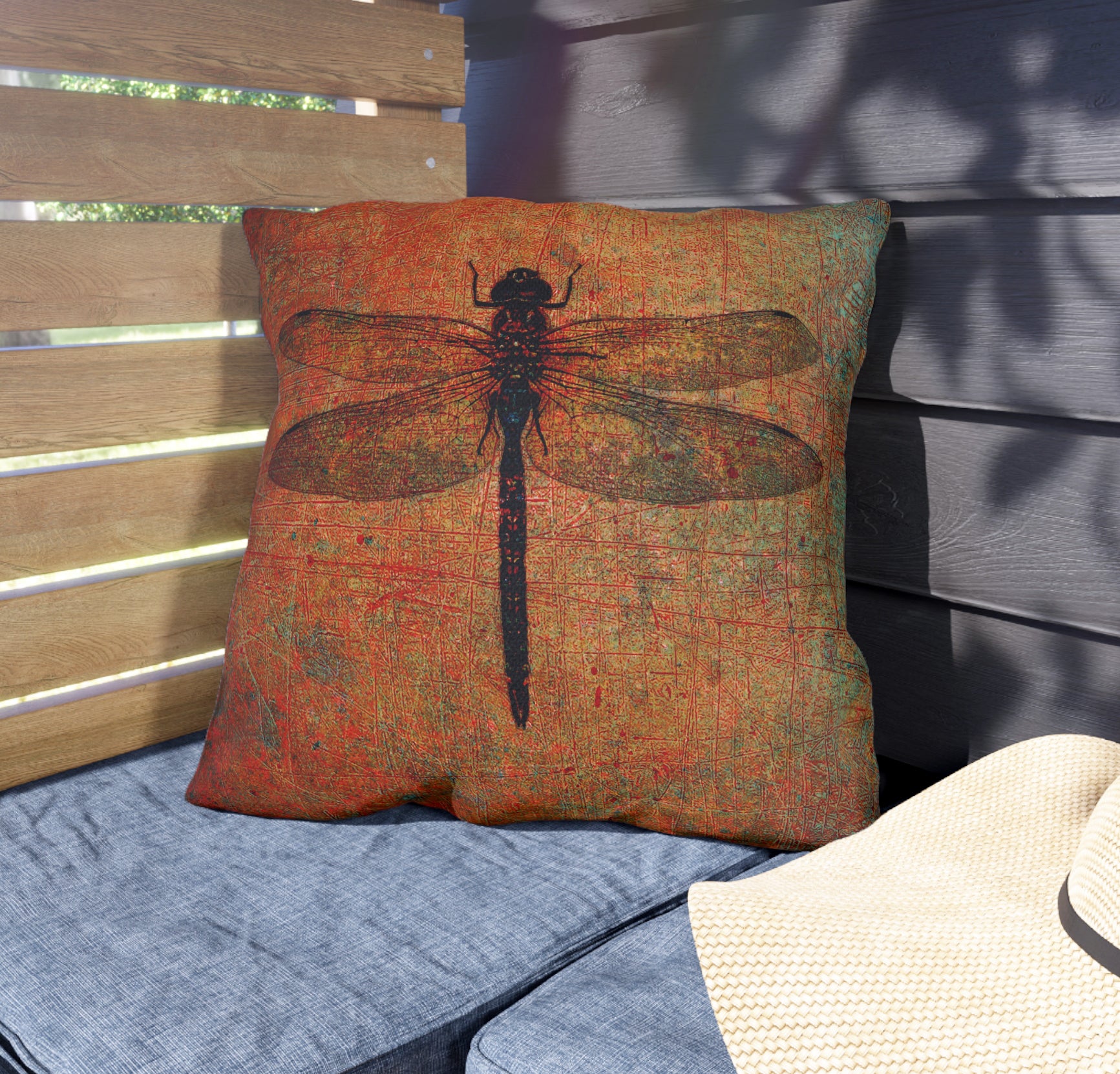 Decorative pillow with a dragonfly design on a bench