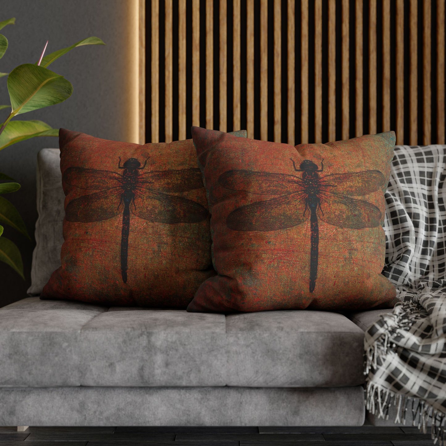 Dragonfly Themed Square Pillow Cover, Dragonfly on Distressed Brown Background Cover with pillows inside, front and back