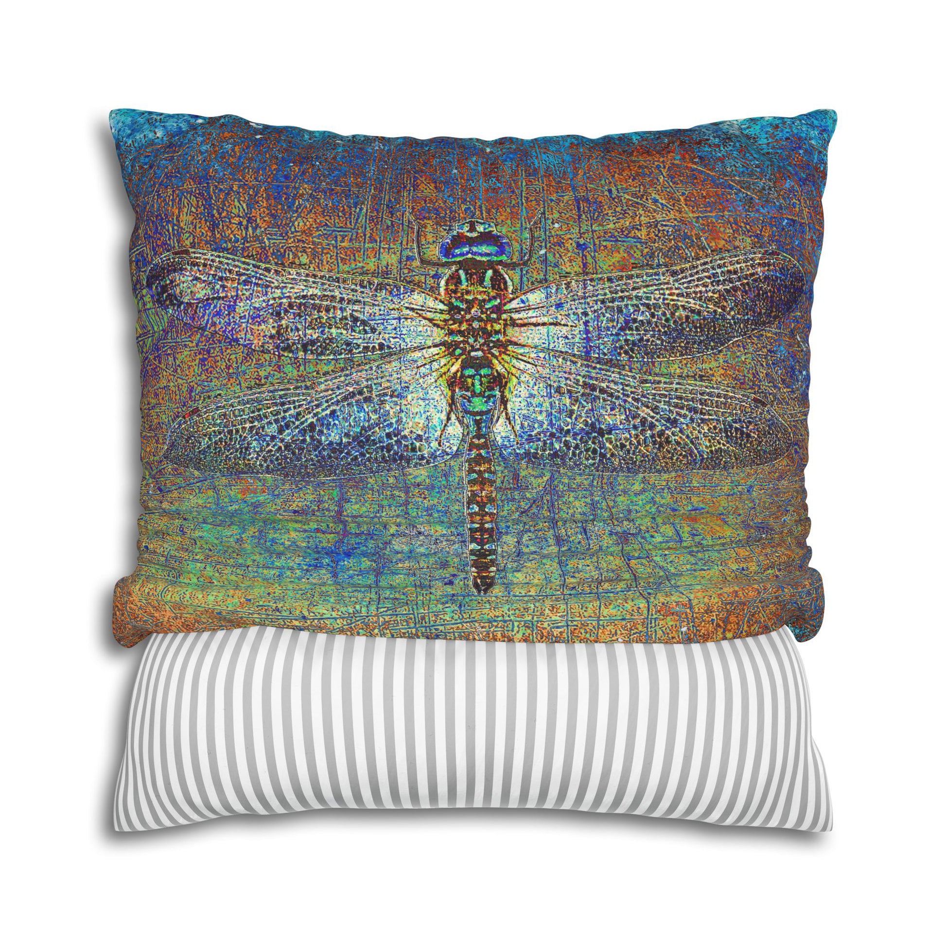 Dragonfly Print Square Pillow Cover, Dragonfly on Multicolor Background Replacement Cover front