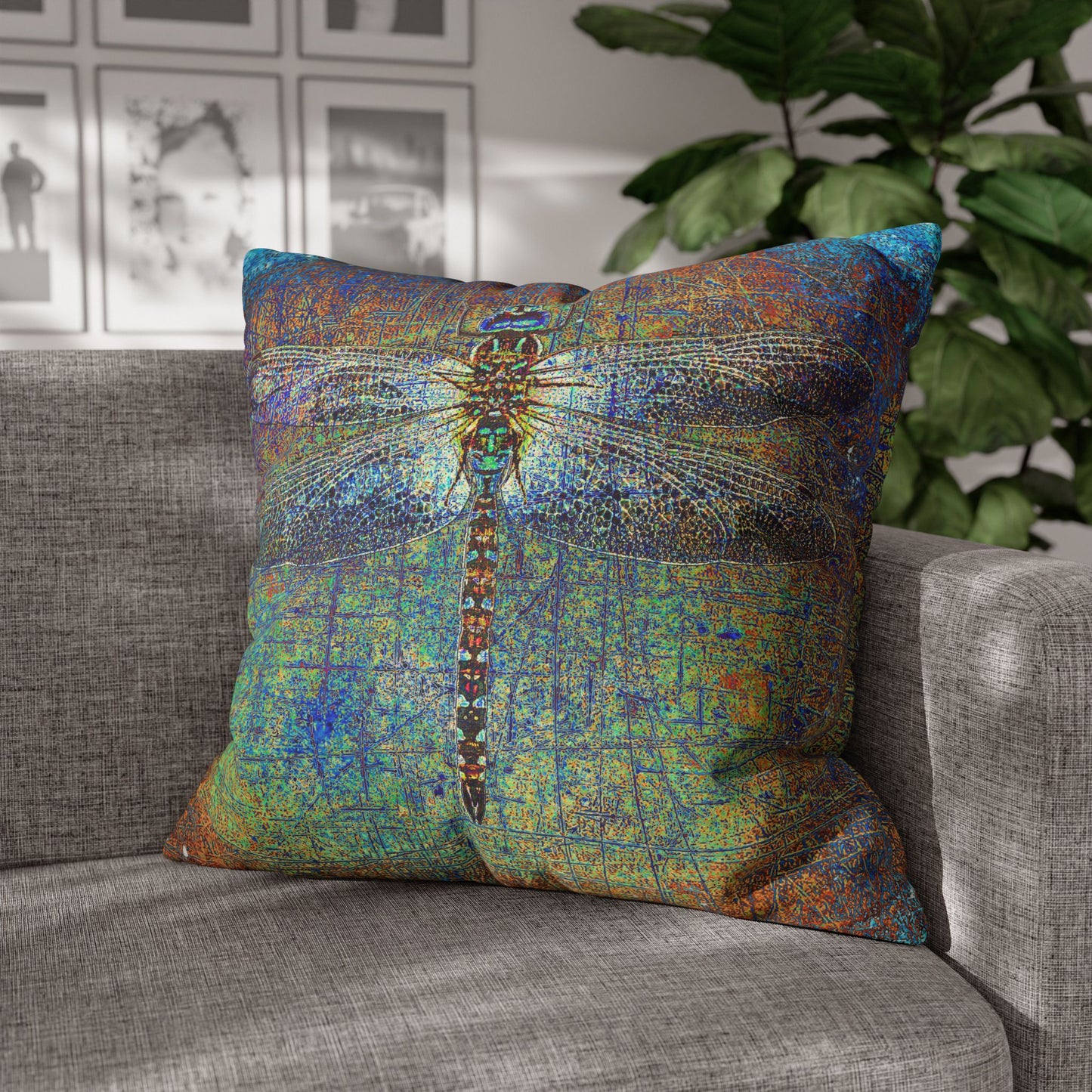 Dragonfly Print Square Pillow Cover, Dragonfly on Multicolor Background Replacement Cover on sofa with pillow inside
