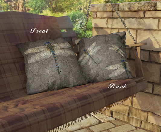 Decorative pillows with dragonfly patterns on a swing seat, labeled 'Front' and 'Back'.