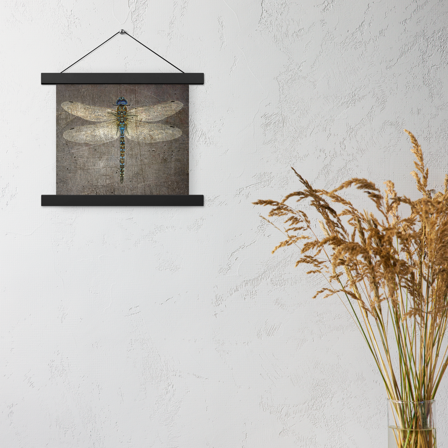 Dragonfly Themed Wall Hanging Dragonfly on Distressed Stone Background Print on Archival Paper with Magnetic Wood Hangers 14x14 hung