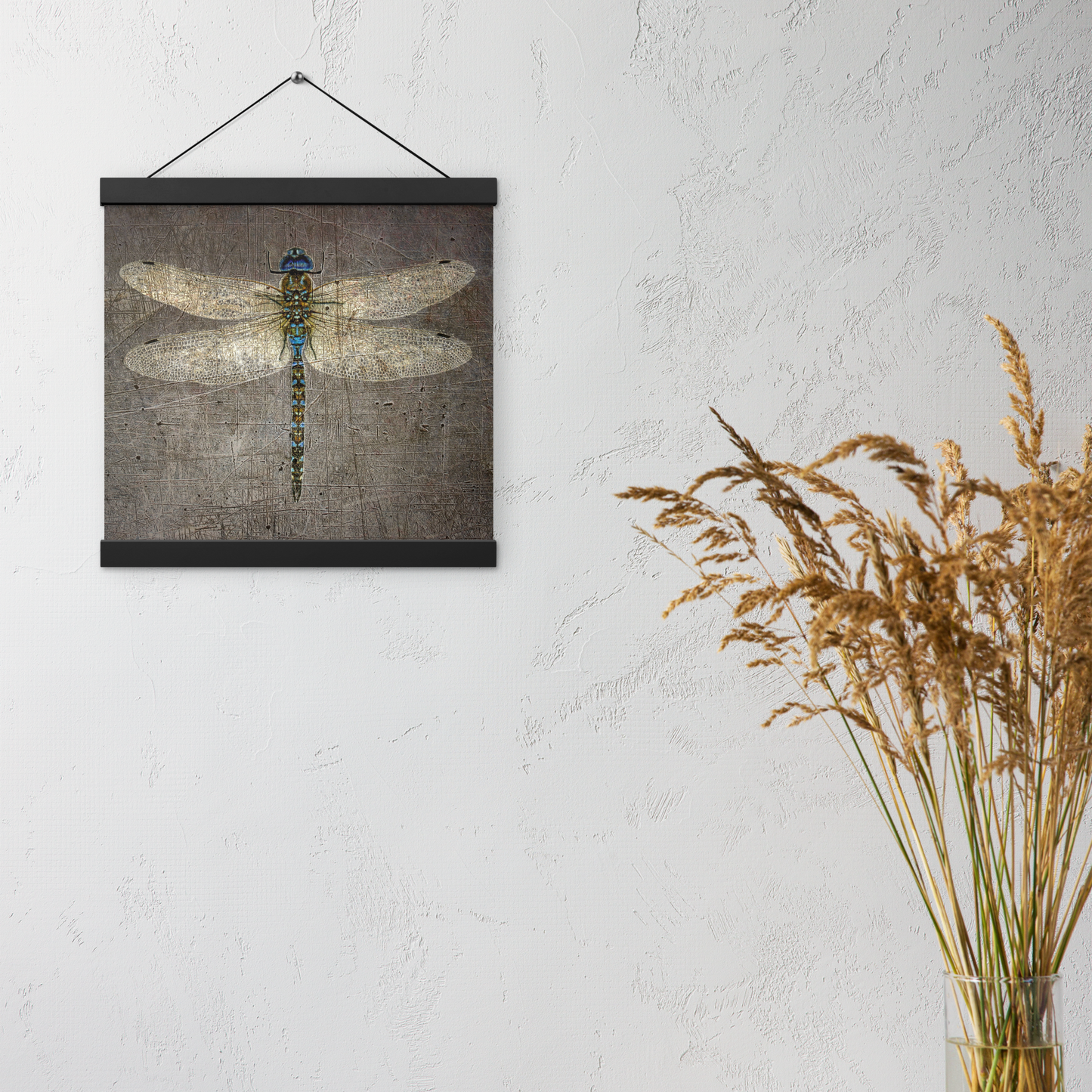 Dragonfly Themed Wall Hanging Dragonfly on Distressed Stone Background Print on Archival Paper with Magnetic Wood Hangers 12x12 hung