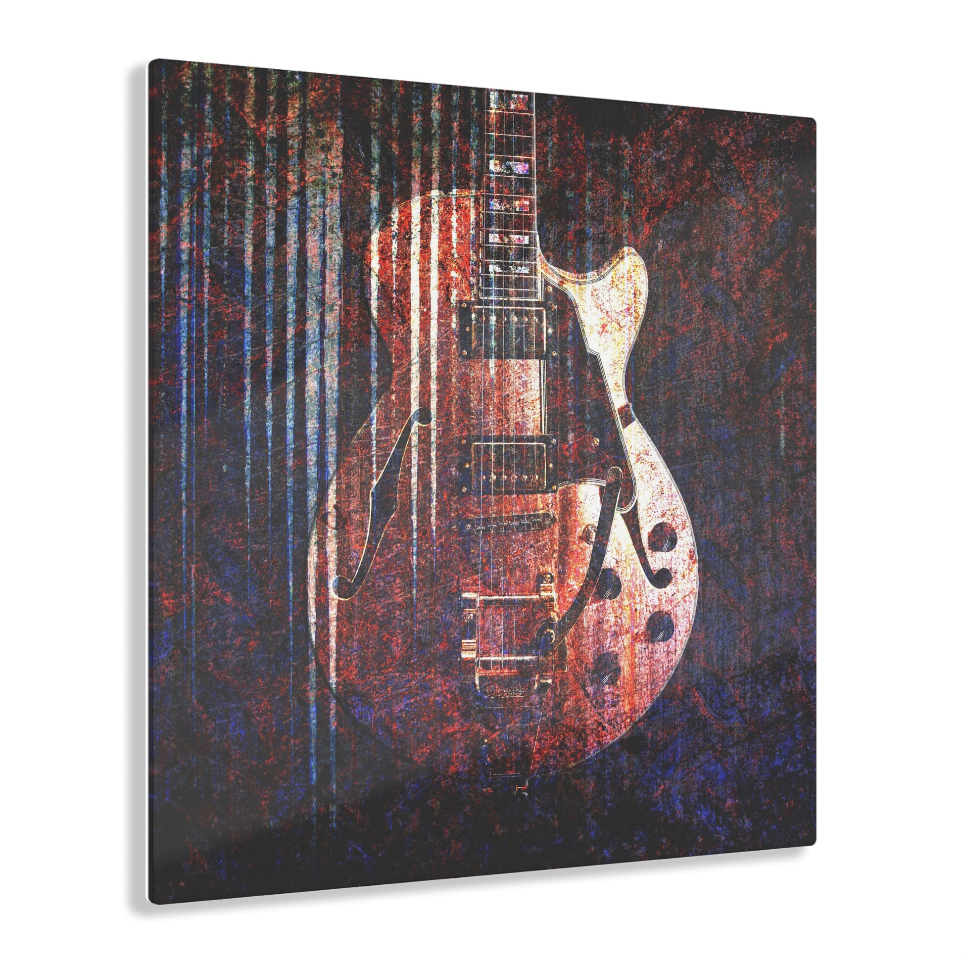 Music and Guitar Wall Decor - Electric Guitar Grunge Red and Blue Filters Printed on an Acrylic Panel