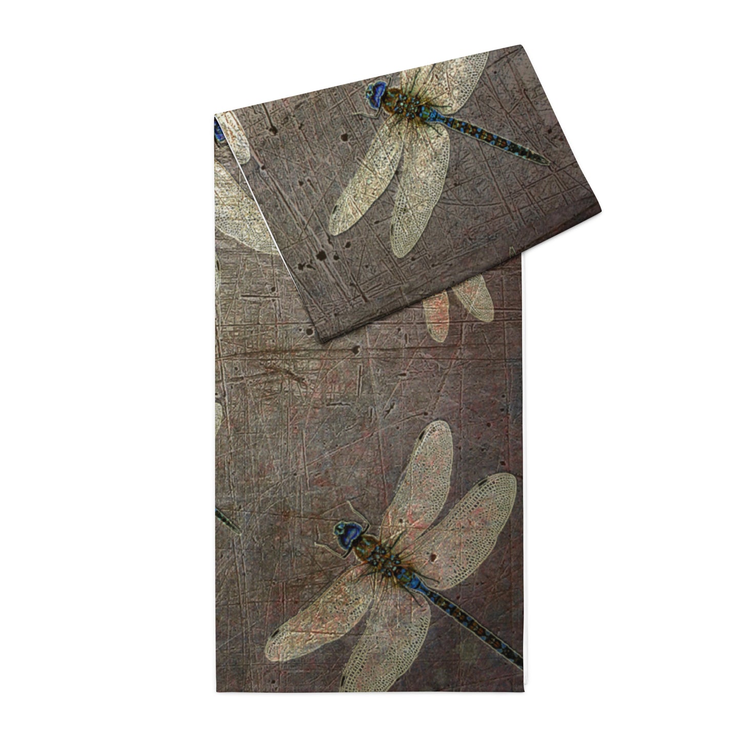 Flight of Dragonflies on Distressed Grey Background Elegant Table Runner folded