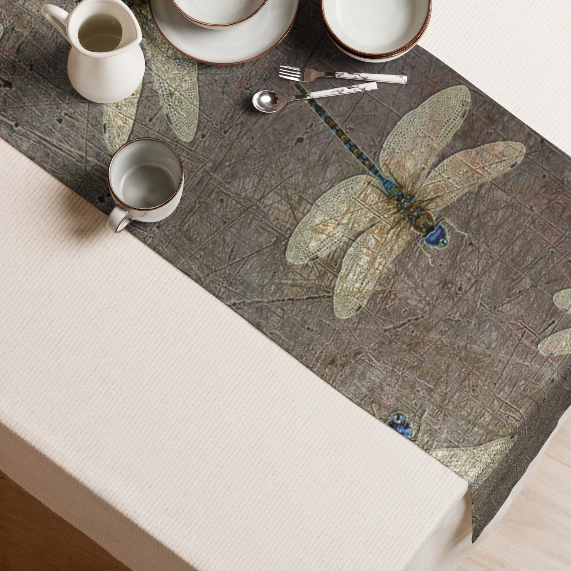 Flight of Dragonflies on Distressed Grey Background Elegant Table Runner top view