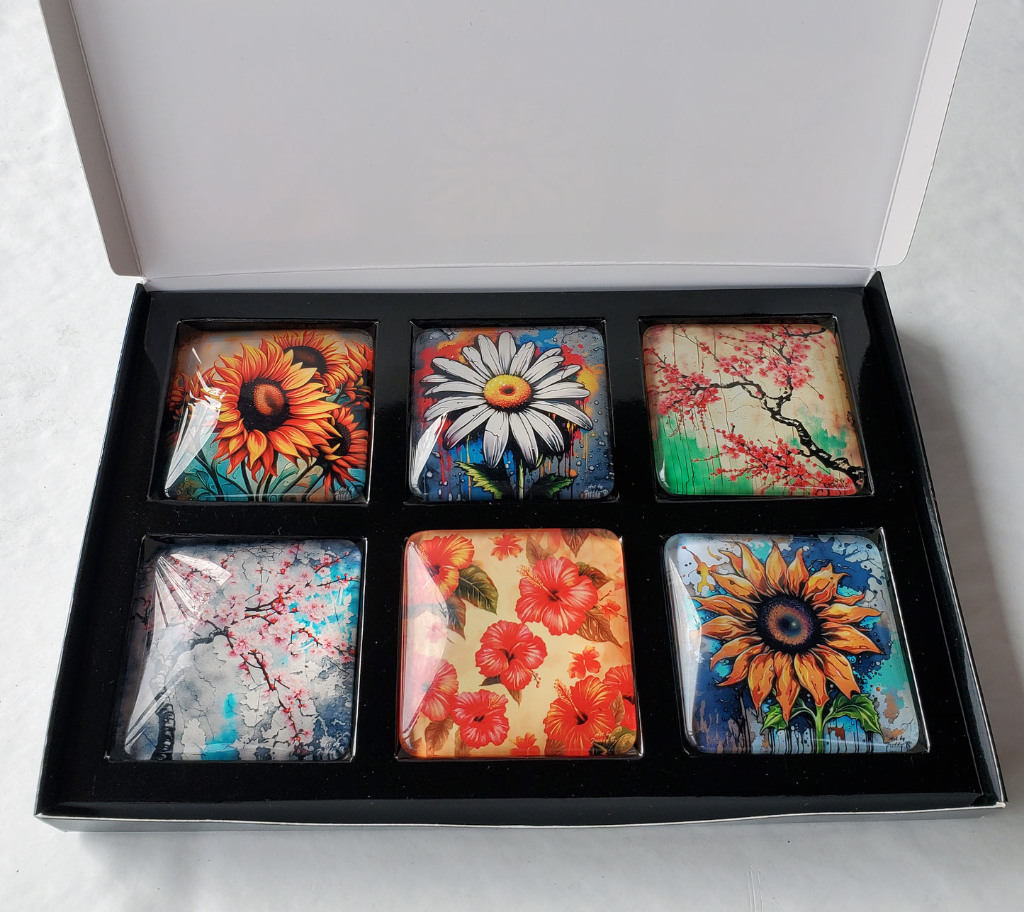 Set of 6 Medium Size Acrylic Magnets, The Flowers Collection shown in box