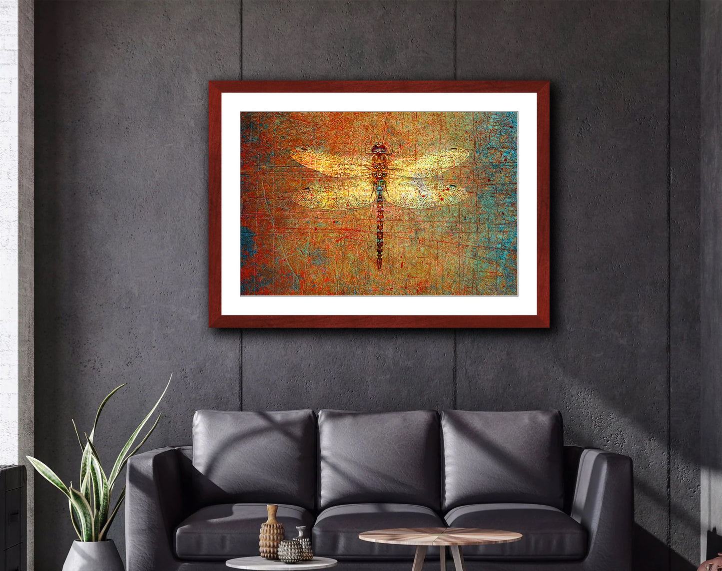Golden Dragonfly on Distressed Brown Background Framed in a Rectangle Cherry Color Wood Frame hung