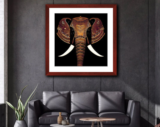Indian Elephant Head With Parade Colors Print Framed in a Cherry Color Wood Frame hung