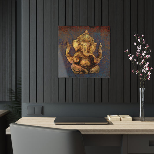 Hindu Themed Wall Art - Golden Ganesha on a Distressed Purple and Orange Background Printed on a Crystal Clear Acrylic Panel 20x20 hung