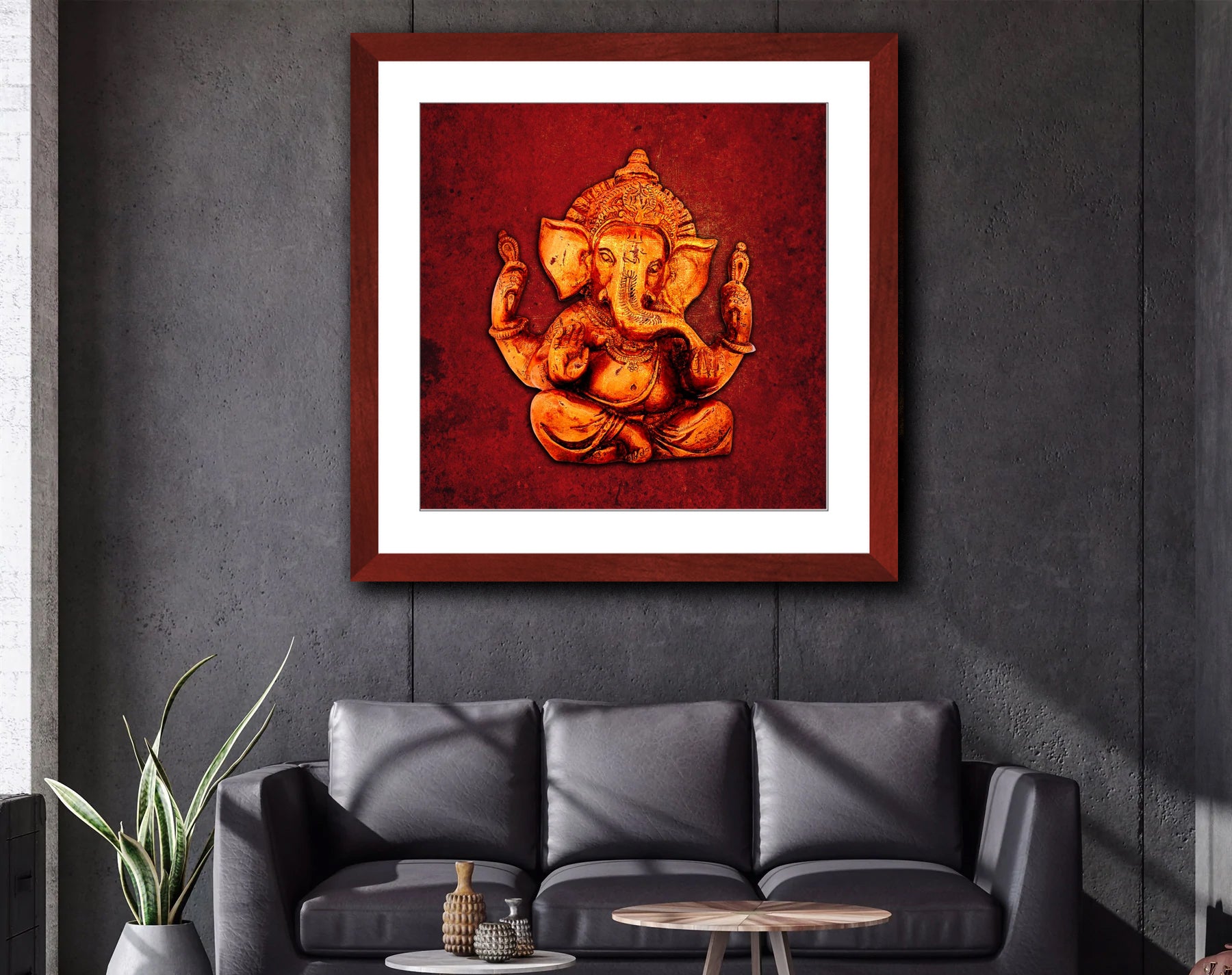 Ganesha on a Lava Red Background Print in Cherry Color Wood Frame