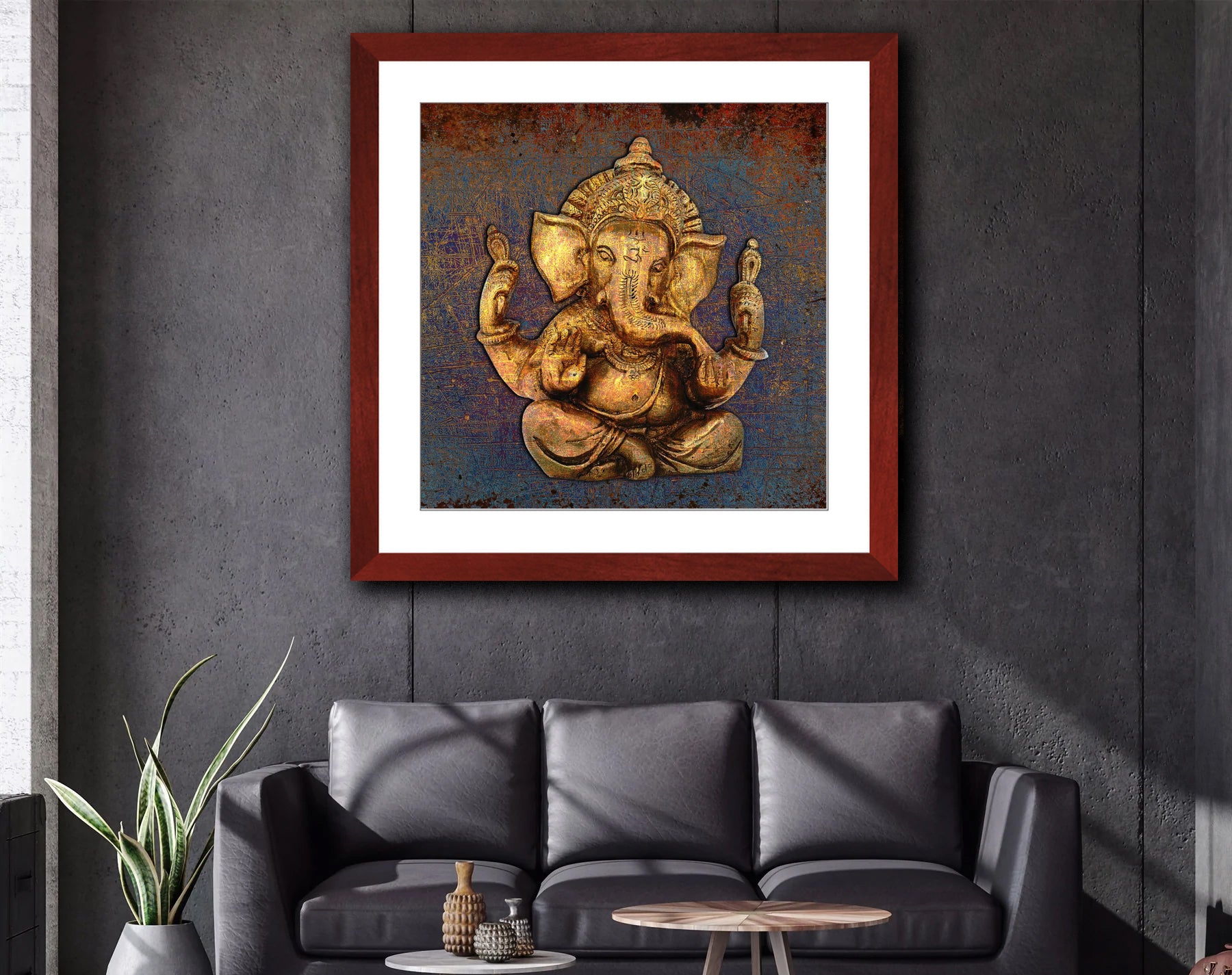Ganesha on Distressed Purple and Orange Background Print in Cherry Color Wood Frame hung