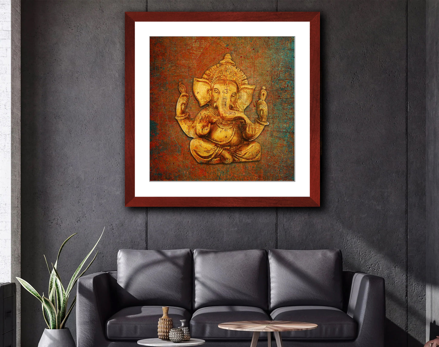 Ganesha on a Distressed Brown Background Print in Cherry Color Wood Frame Hung