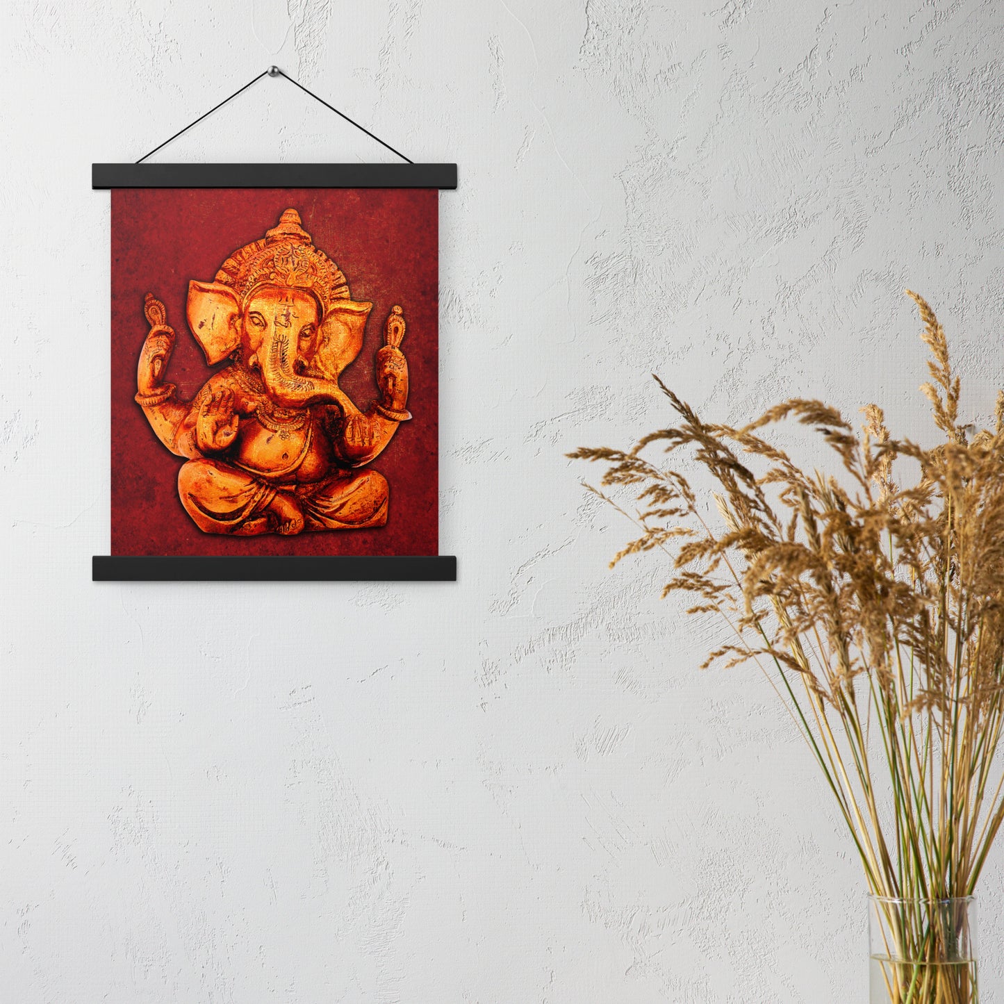 Wall Art Golden Ganesha on a Distressed Lava Red Background Printed on Archival Paper with Magnetic Wood Hangers 11x14 hung