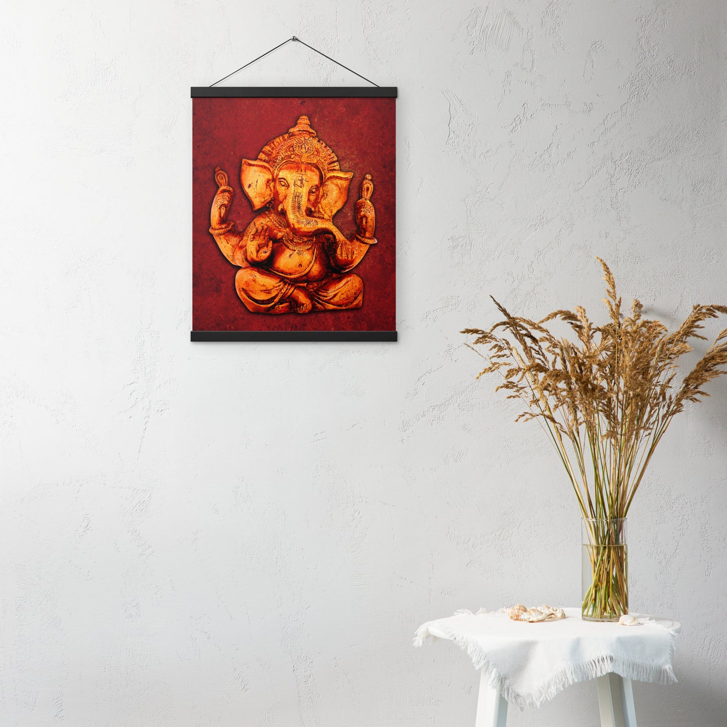 Wall Art Golden Ganesha on a Distressed Lava Red Background Printed on Archival Paper with Magnetic Wood Hangers 16x20 hung