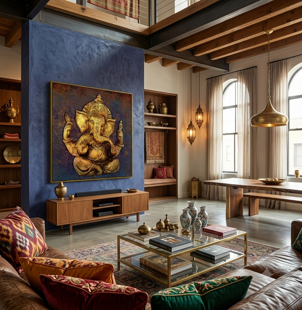 A large framed wall art piece depicting a golden Ganesha on a dark textured background, displayed in a styled, warm-toned living room with a blue accent wall, wooden furniture, and patterned cushions.