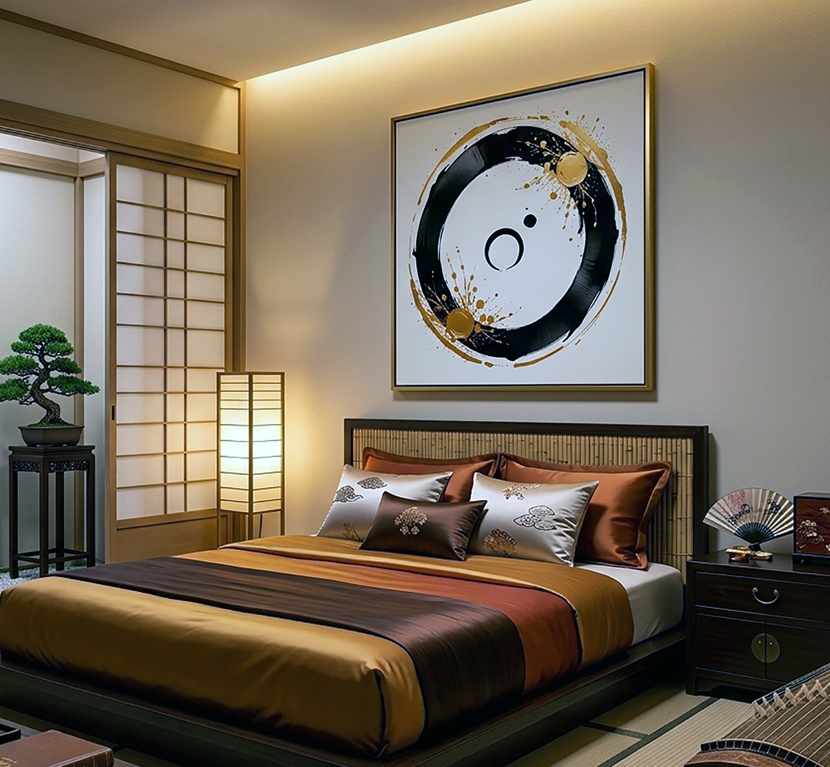 A modern bedroom interior featuring a large framed abstract wall art print with a black, white, and gold circular design above a bed with brown and gold bedding. The room includes a wooden nightstand, a lit floor lamp, a shoji screen, and a small bonsai tree.