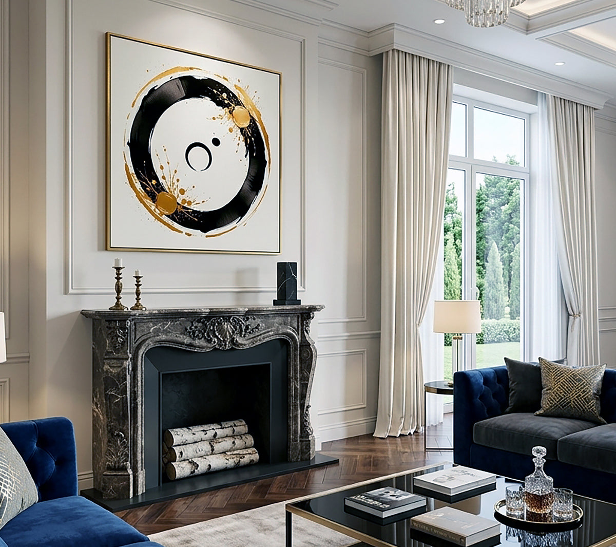 A large framed abstract wall art print featuring a black and gold circular design on a white background, styled in a luxurious living room above a dark marble fireplace.