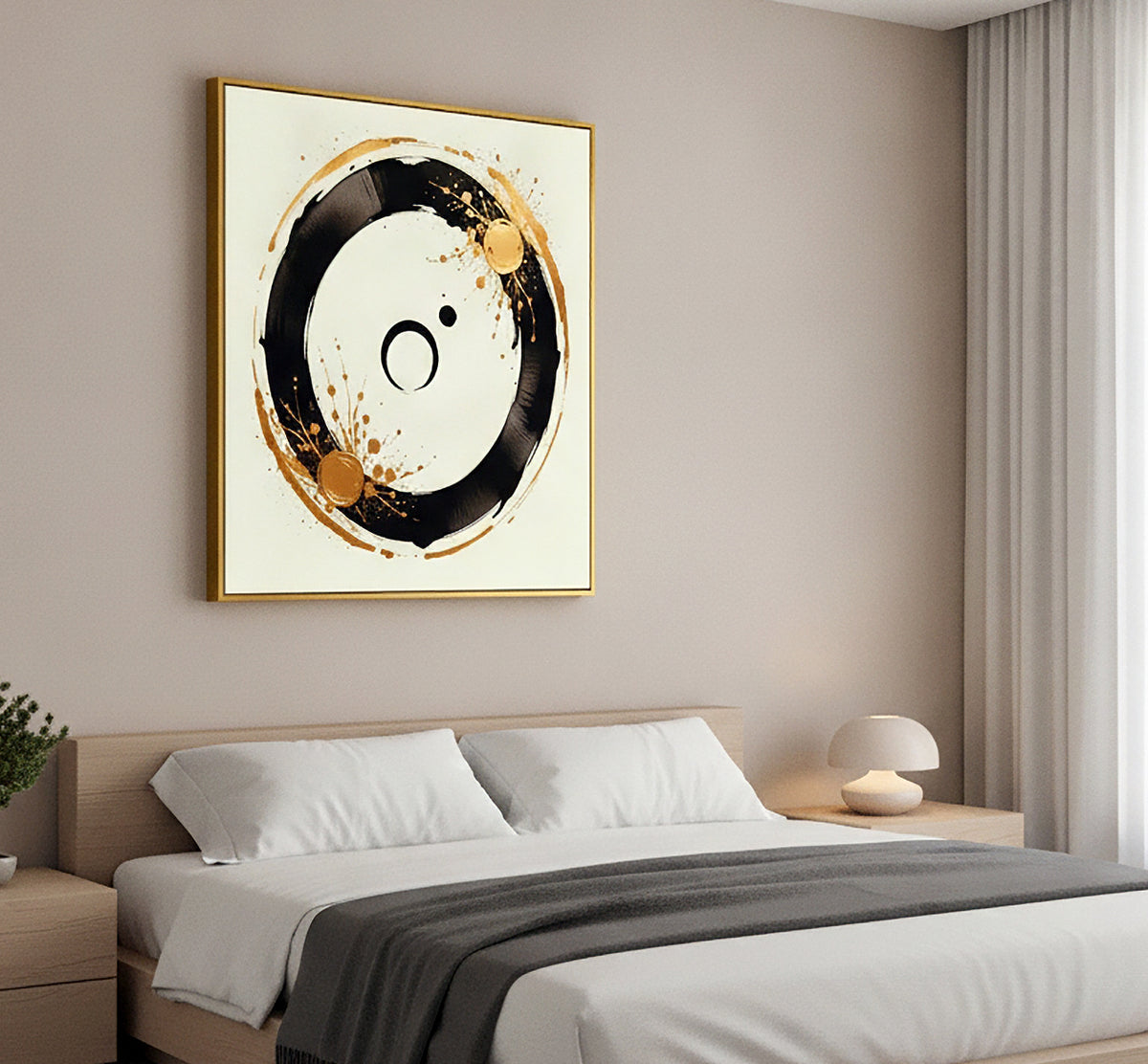 A framed abstract wall art print featuring a circular black, gold, and cream design, displayed above a neatly made bed in a modern, neutral-toned bedroom.